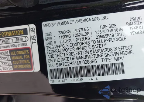 2021 Acura Rdx z USA, uszkodzony, nr VIN 5J8TC2H34ML008395